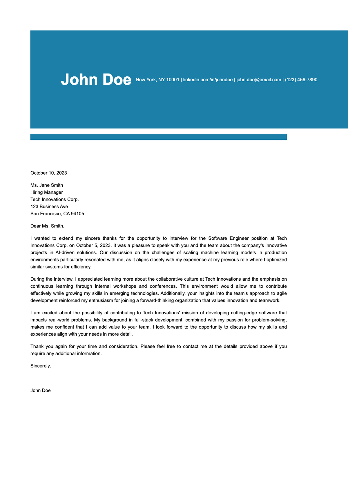 Professional follow up cover letter with blue header_variant_1